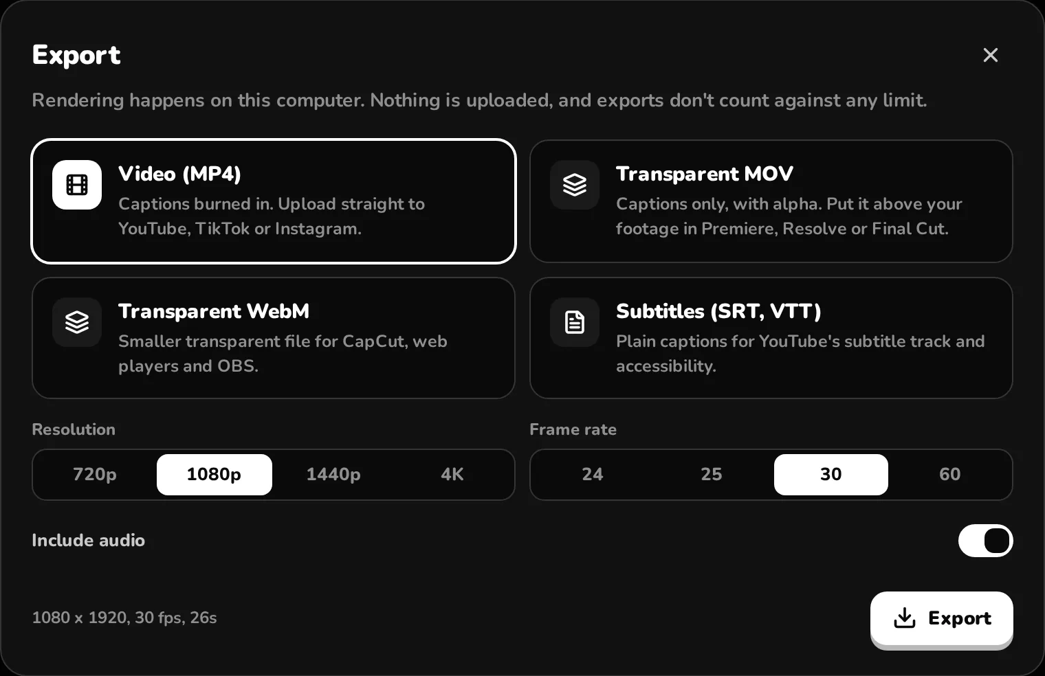 Export dialog with MP4, transparent MOV, transparent WebM and subtitle options, resolution and frame rate