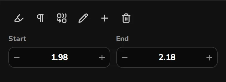 Word inspector with start and end times and buttons for emphasis, new caption, merge, edit, insert and delete
