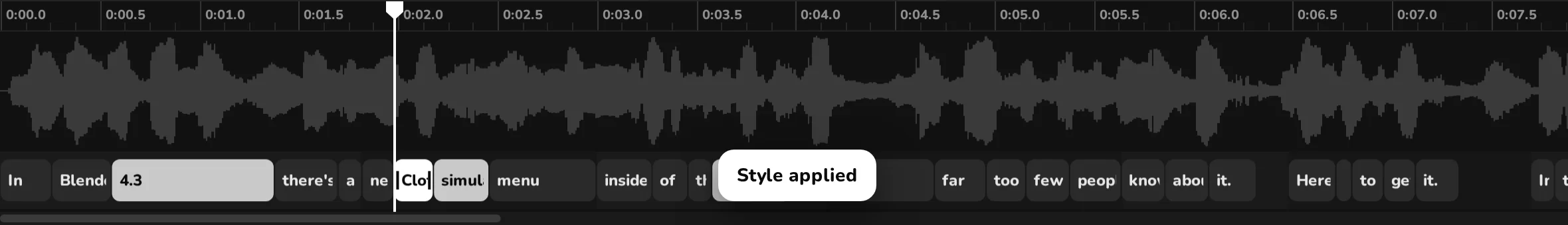 Timeline with the waveform of a voice-over and a block for each word; the word 'windowless' is selected